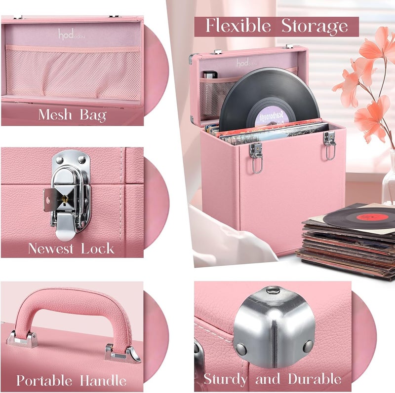 Hododou Vinyl Record Storage Box with Lock Record Organizer Storage for 30+ Single Records 12-inch Water Resistant Collapsible Storage Crate with Handle Mesh Pouch for Valuable Album Collection Pink - Image 3
